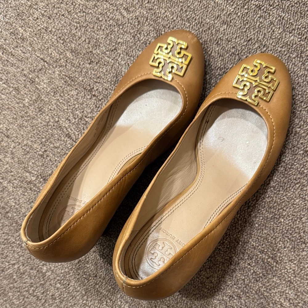 Tory Burch Tan Flats with Gold Logo